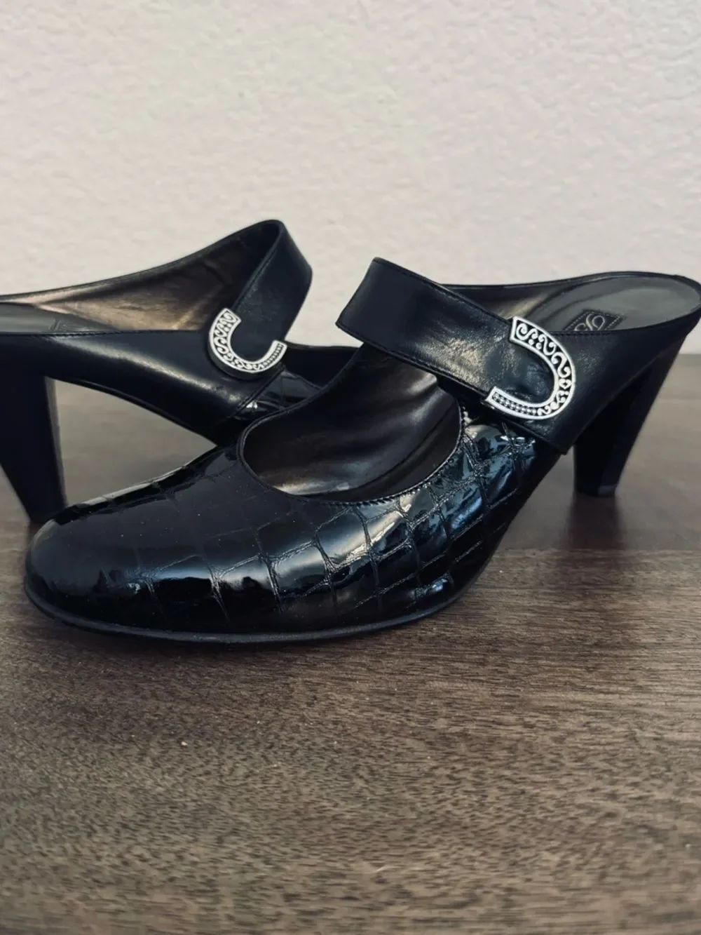 Brighton Beau Black Patent Silver Open Back Heels 7.5
